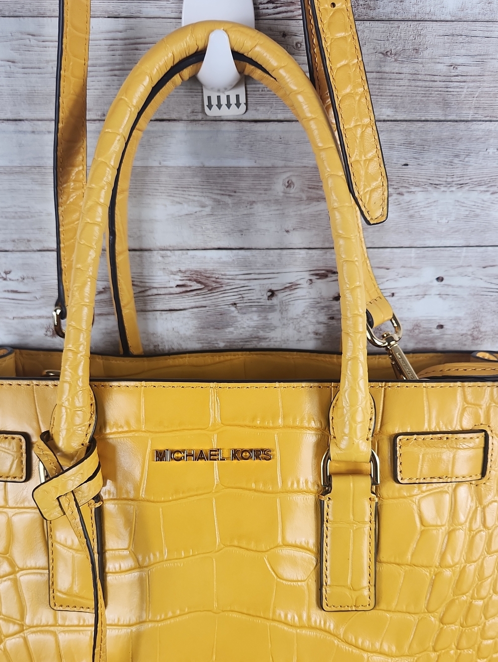 Michael Kors Yellow Croc-Embossed Satchel with MK Charm and Several Compartments - Picture 4 of 10